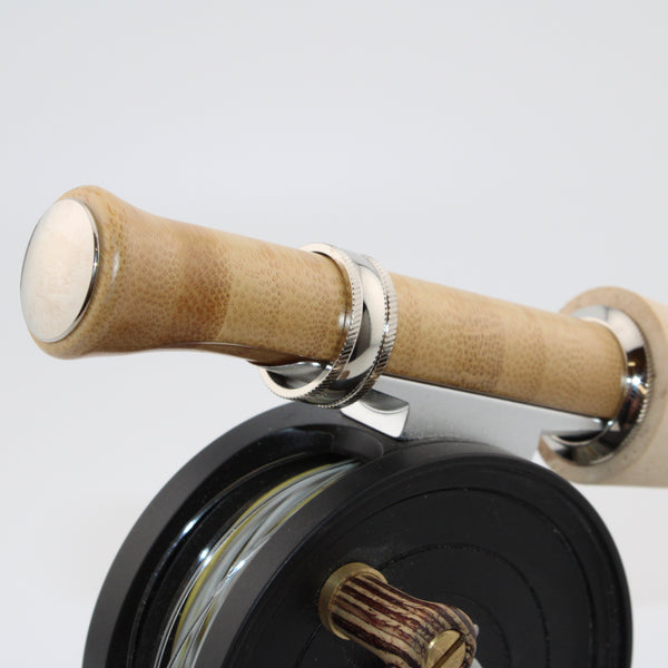 Up-locking mortised slide band reel seat in stacked bamboo with plated hardware